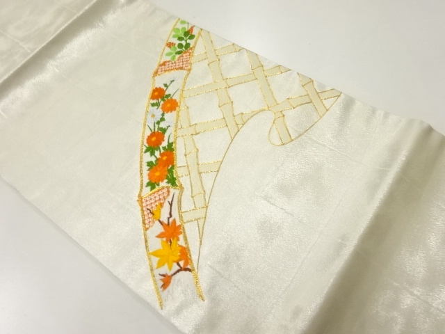 JAPANESE KIMONO / VINTAGE HIRAKI NAGOYA OBI / SILK / EMBROIDERY / FLORAL PLANTS